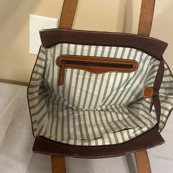 Le Papillon women’s purse tote bag shoulder bag brown tan canvas leather classic - Picture 6 of 10